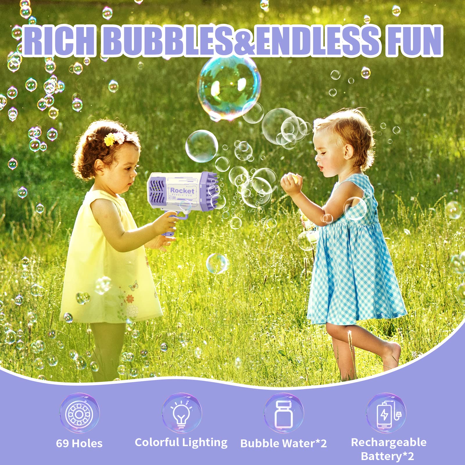 Bubble Gun Rocket 69 Holes Soap Blaster Machine, Bazooka Bubble Launcher Blower Toys for Kids Outdoor Indoor, Bubble Maker for Party Birthday Wedding(Purple)