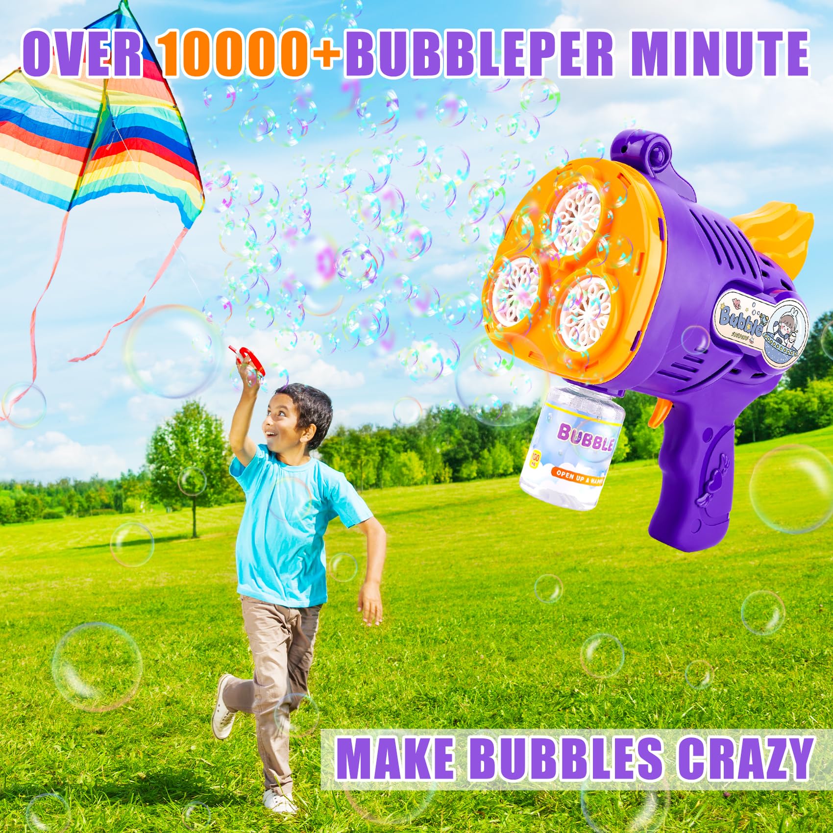 KunisJoy Bubble Machine Gun,30 Holes Automatic Bubble Gun for Toddlers 1-3,Over 10000+ Bubbles/Min with light 2 Bottles Bubble Solution,Summer Outdoor Toys for Kids,Birthday Wedding Party Toy (PURPLE)