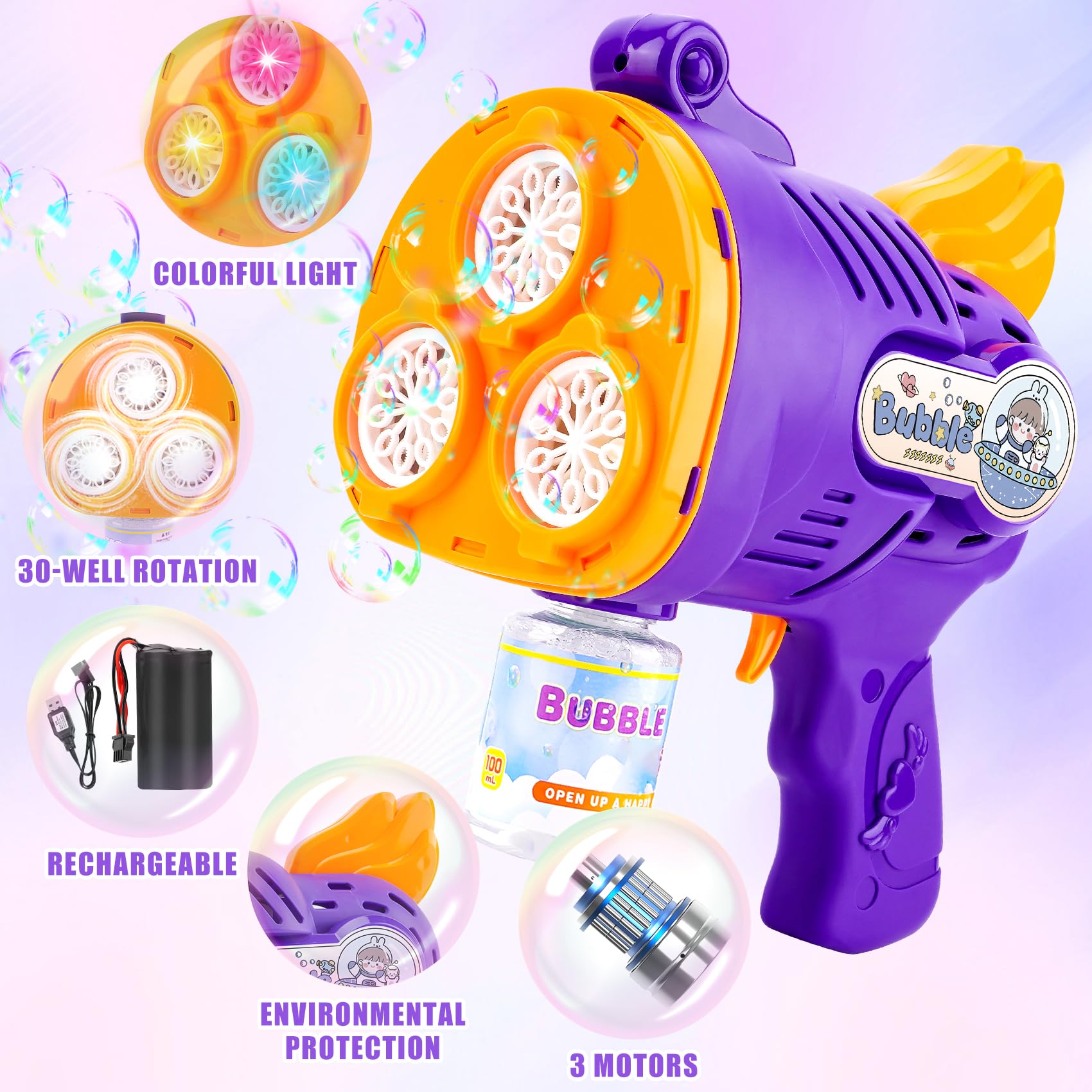 KunisJoy Bubble Machine Gun,30 Holes Automatic Bubble Gun for Toddlers 1-3,Over 10000+ Bubbles/Min with light 2 Bottles Bubble Solution,Summer Outdoor Toys for Kids,Birthday Wedding Party Toy (PURPLE)