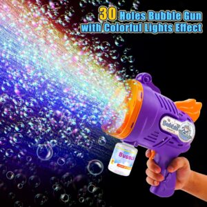 KunisJoy Bubble Machine Gun,30 Holes Automatic Bubble Gun for Toddlers 1-3,Over 10000+ Bubbles/Min with light 2 Bottles Bubble Solution,Summer Outdoor Toys for Kids,Birthday Wedding Party Toy (PURPLE)