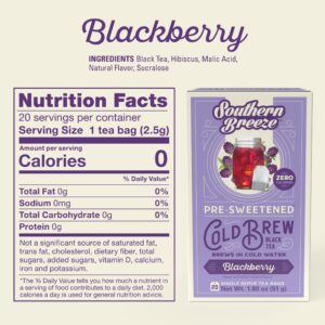 Southern Breeze Cold Brew Sweet Tea Blackberry Iced Tea with Black Tea and Zero Carbs Zero Sugar, 20 Individually Wrapped Tea Bags, Pack of 4