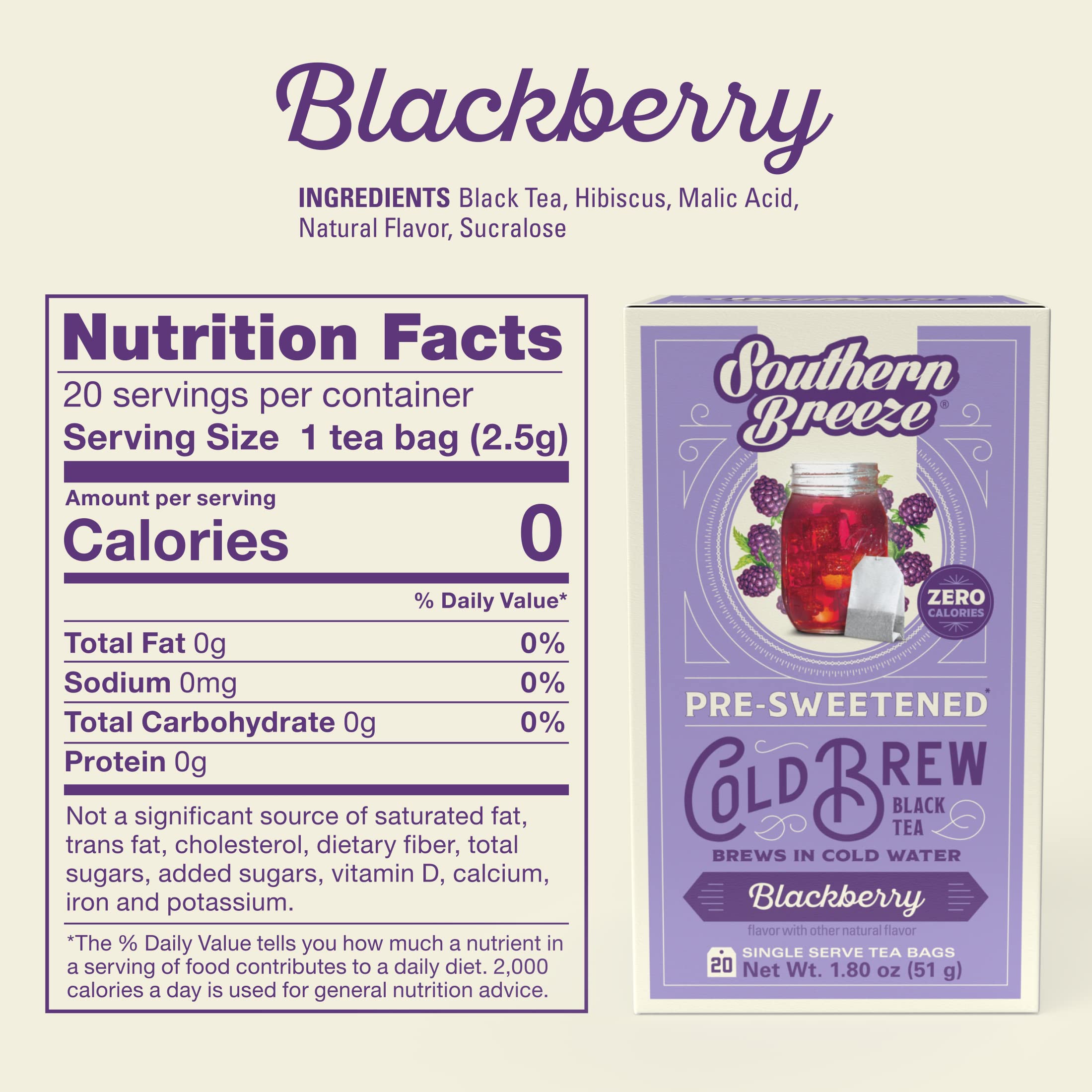 Southern Breeze Cold Brew Sweet Tea Blackberry Iced Tea with Black Tea and Zero Carbs Zero Sugar, 20 Individually Wrapped Tea Bags, Pack of 4