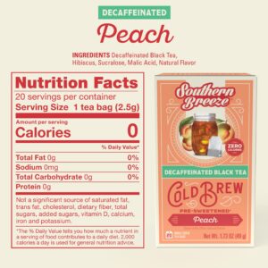 Southern Breeze Decaf Cold Brew Sweet Tea Peach Iced Tea with Black Tea and Zero Carbs Zero Sugar, 20 Individually Wrapped Tea Bags, Pack of 4