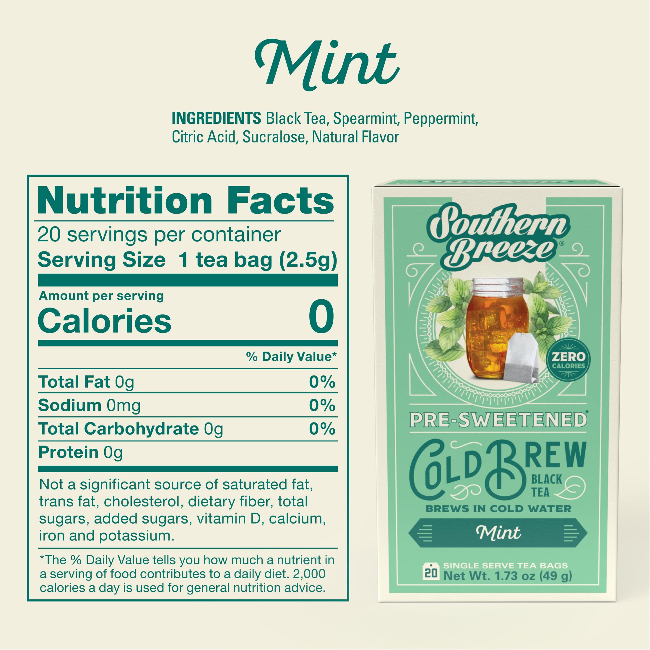 Southern Breeze Cold Brew Sweet Tea Mint Iced Tea with Black Tea and Zero Carbs Zero Sugar, 20 Individually Wrapped Tea Bags (Pack of 4) Southern Sweet Tea Iced Tea Beverage