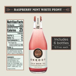 Enroot - Sparkling Cold Brew Tea - 25 Calories - 0 Added Sugar - Organic - Nootropic - Vegan & Gluten-Free - Adaptogen - Kosher - Non-Alcoholic Beverage - Raspberry Mint White Peony - 12 oz/6 Pk