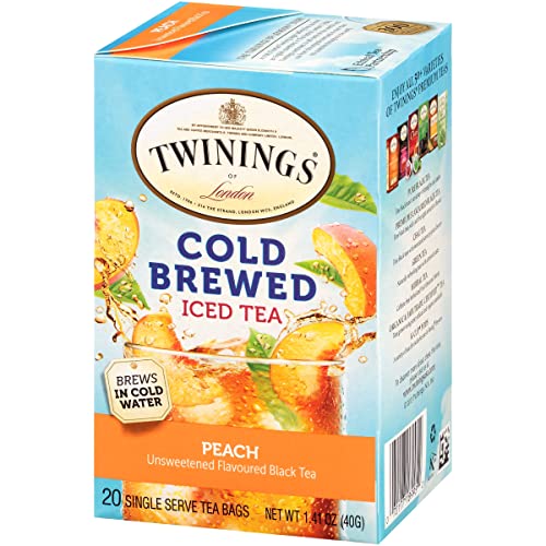 Twinings Cold Brewed Iced Tea Bags, Peach - Ready in 5 Minutes, Flavoured Black Tea Cold Brew Bags, Caffeinated, Unsweetened, 20 Count