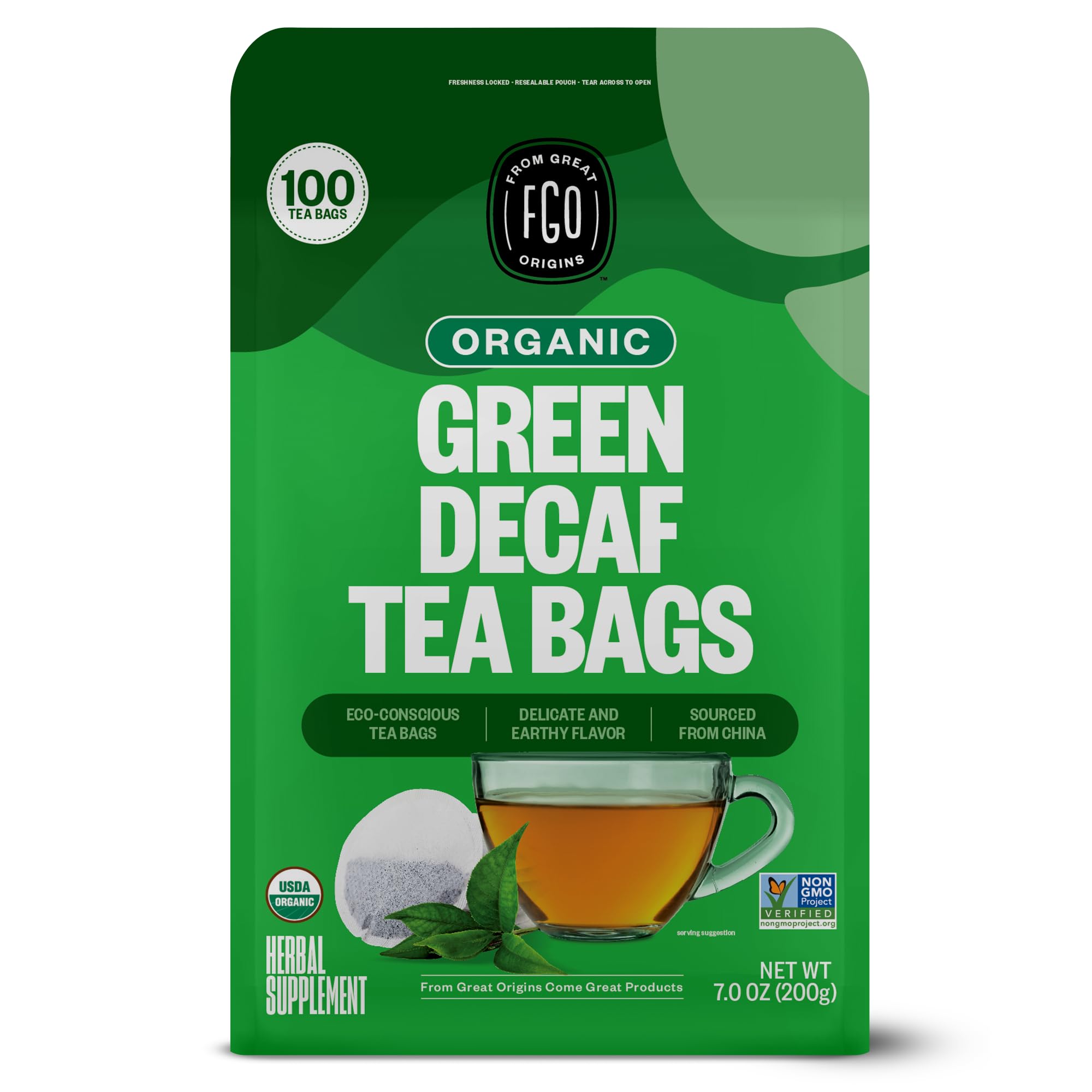 FGO Organic Green Tea (Decaf). Eco-Conscious Tea Bags, 100 Count, Packaging May Vary (Pack of 1)