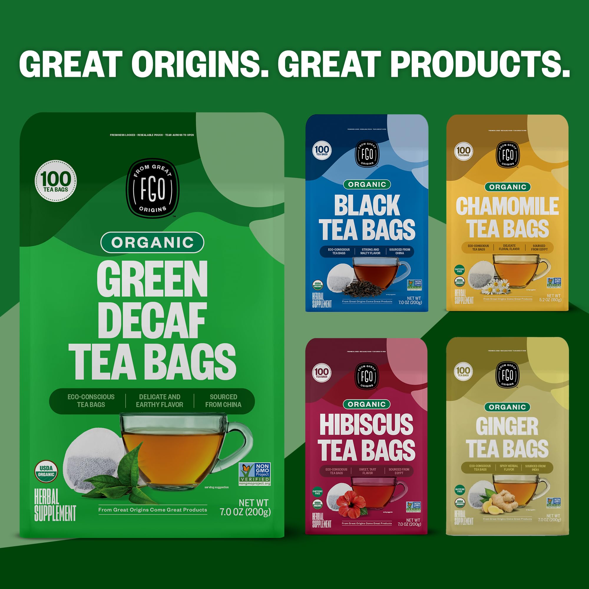 FGO Organic Green Tea (Decaf). Eco-Conscious Tea Bags, 100 Count, Packaging May Vary (Pack of 1)