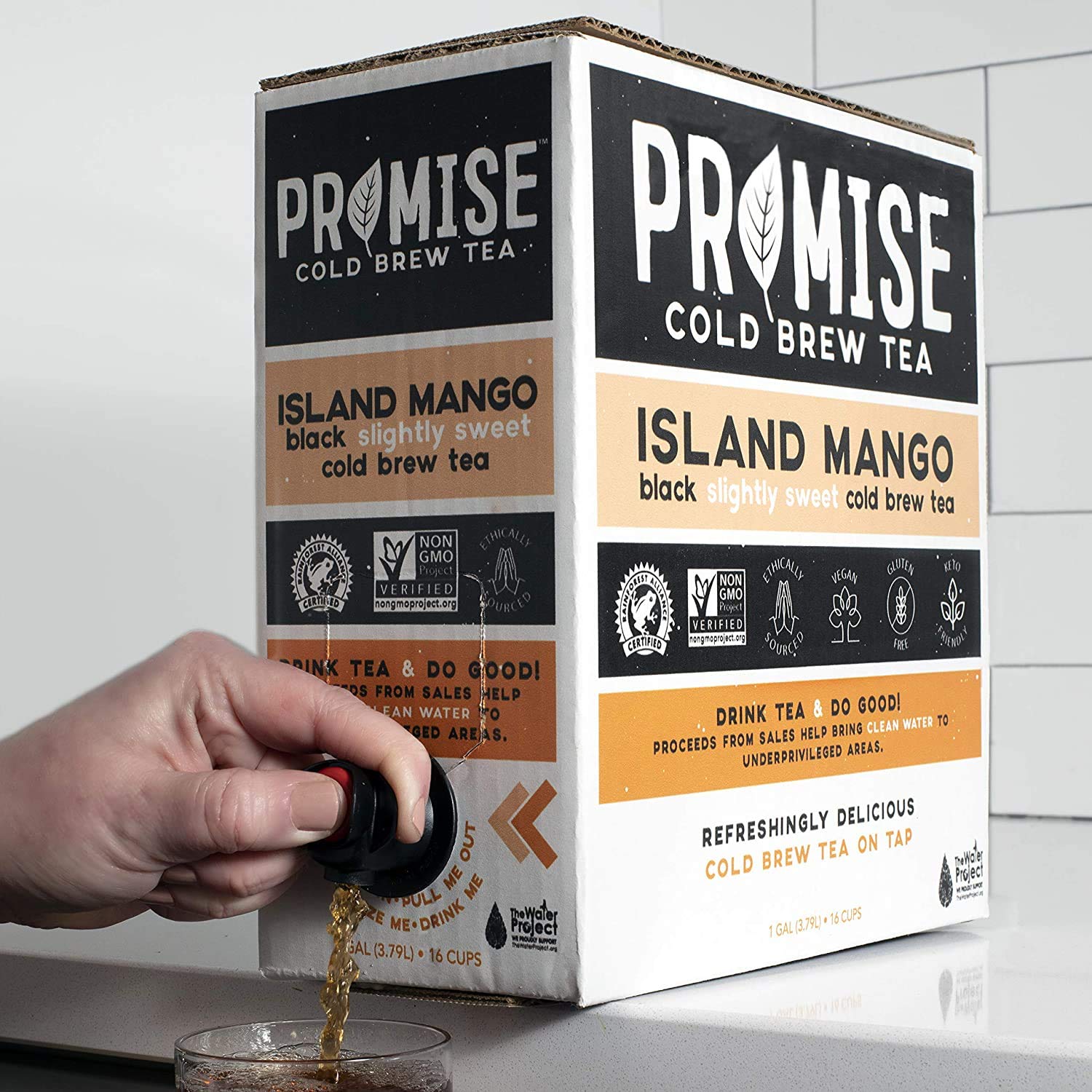 Promise Beverages Slightly Sweet Island Mango Cold Brew Tea On Tap (1 Gallon / 128 fluid ounces) Rainforest Alliance Certified Bag In Box Liquid, Ready To Drink Sweetened with Stevia