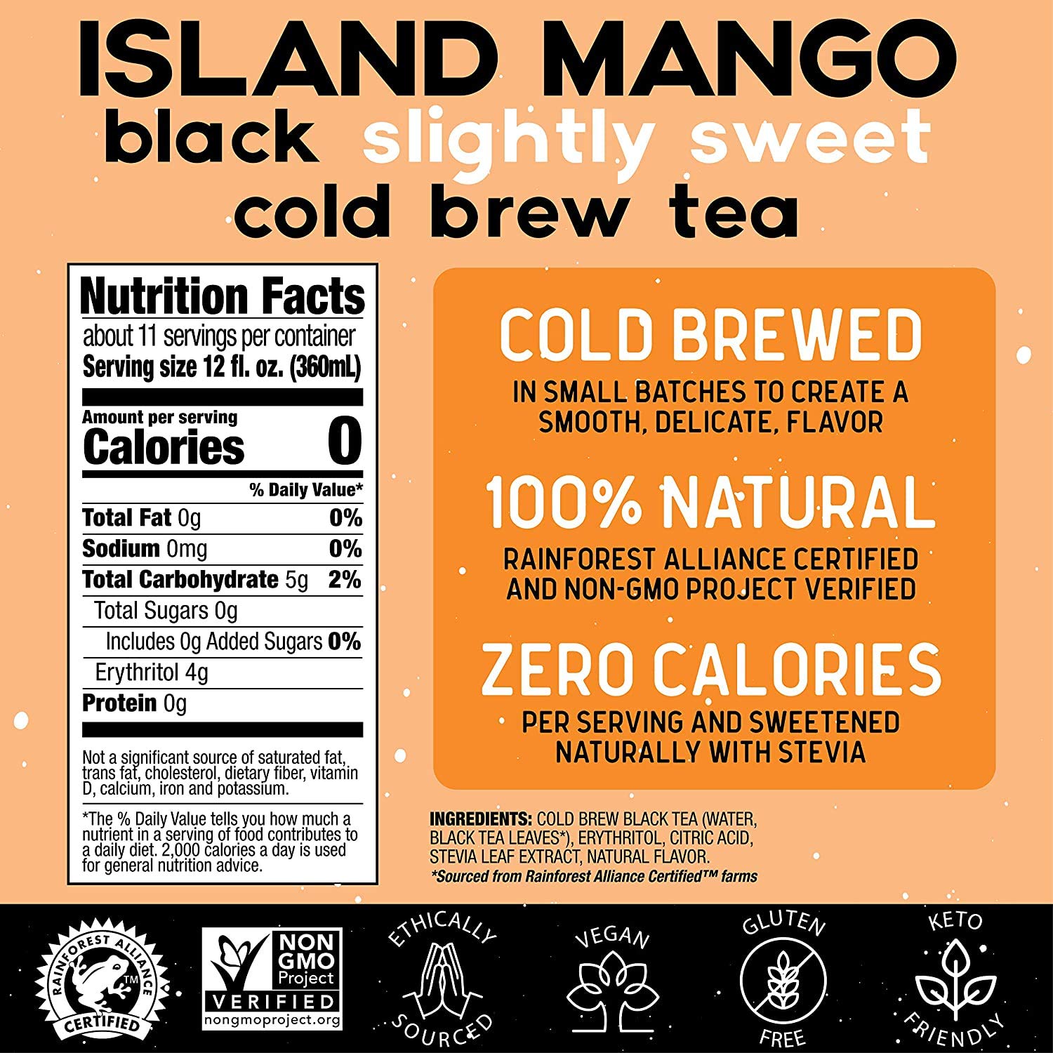 Promise Beverages Slightly Sweet Island Mango Cold Brew Tea On Tap (1 Gallon / 128 fluid ounces) Rainforest Alliance Certified Bag In Box Liquid, Ready To Drink Sweetened with Stevia