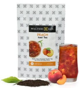 walters bay peach iced tea | 12 quart sized tea bags, ceylon tea, unsweetened, peach flavored, 100% hand plucked, black tea