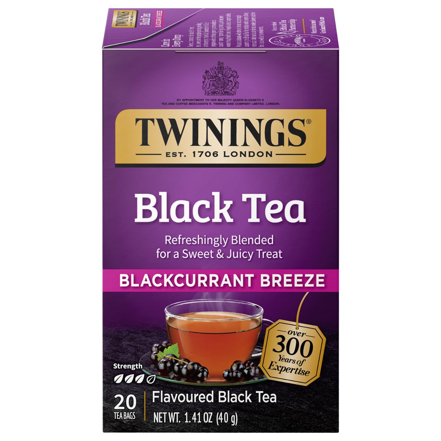 Twinings of London Premium Blackcurrant Breeze Black Tea, Strong and Distinctive Black Tea, Sweet and Tangy Black Currant Tea Taste, 20 Tea Bags