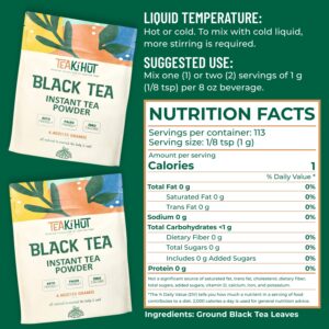 TEAki Hut Instant Black Tea Powder, 4 oz, Black Tea Powder, Powdered Black Tea for Hot and Cold Beverages, Refreshing Instant Tea Powder, Unsweetened Tea Powder, 113 Servings
