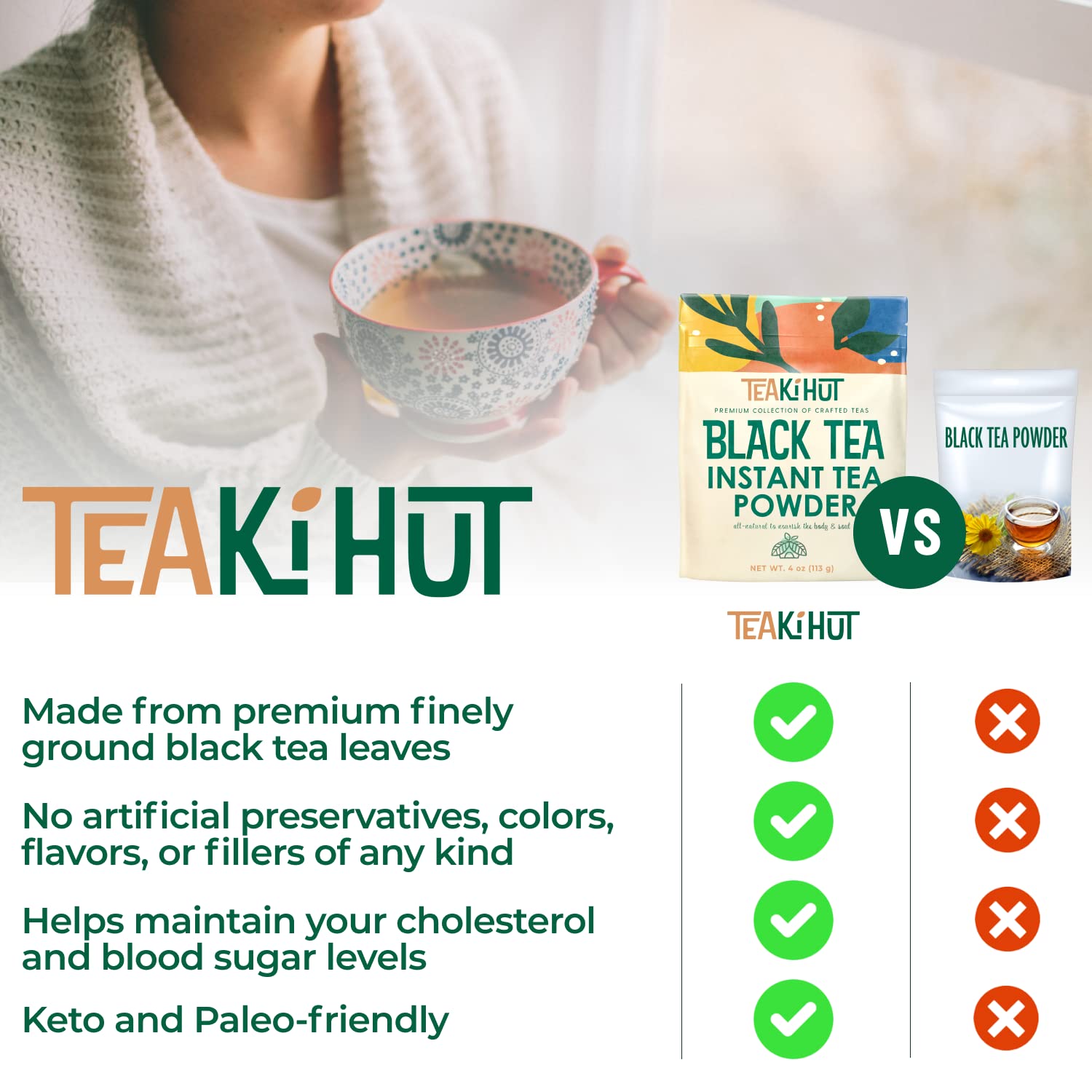 TEAki Hut Instant Black Tea Powder, 4 oz, Black Tea Powder, Powdered Black Tea for Hot and Cold Beverages, Refreshing Instant Tea Powder, Unsweetened Tea Powder, 113 Servings