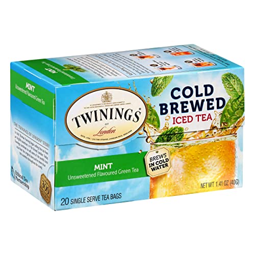 Twinings Cold Brewed Iced Tea - Mint Flavored Green Tea with Peppermint Leaves, Caffeinated Green and Black Tea Extracts, Unsweetened Cold Brew Tea Bags Individually Wrapped, 20 Count