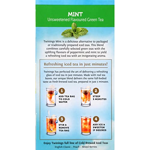 Twinings Cold Brewed Iced Tea - Mint Flavored Green Tea with Peppermint Leaves, Caffeinated Green and Black Tea Extracts, Unsweetened Cold Brew Tea Bags Individually Wrapped, 20 Count