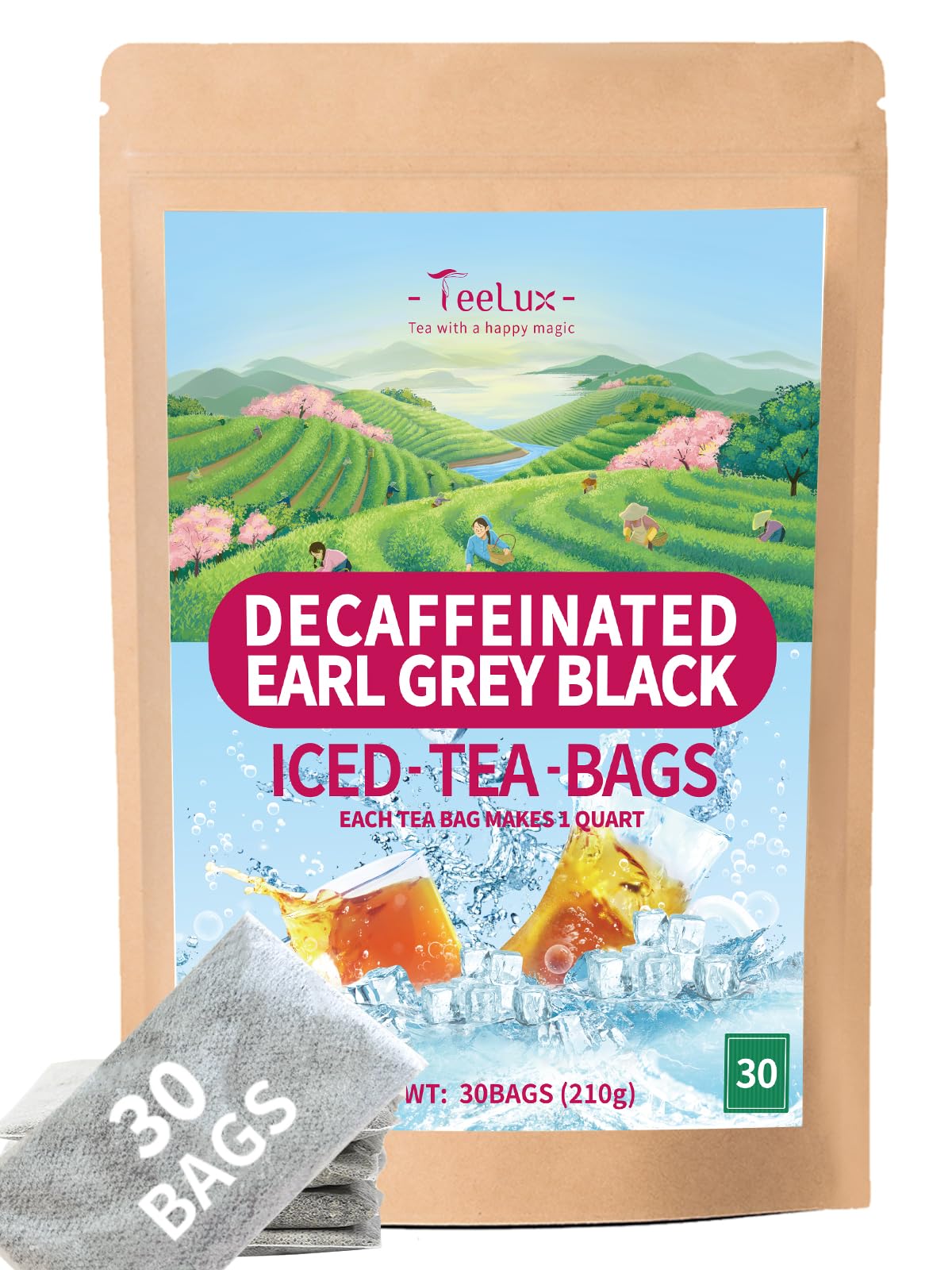 TeeLux Decaf Earl Grey Iced Tea Bags, Decaffeinated Black Tea Blended with Natural Bergamot, Smooth & Mellow, Family Size, 30 Count