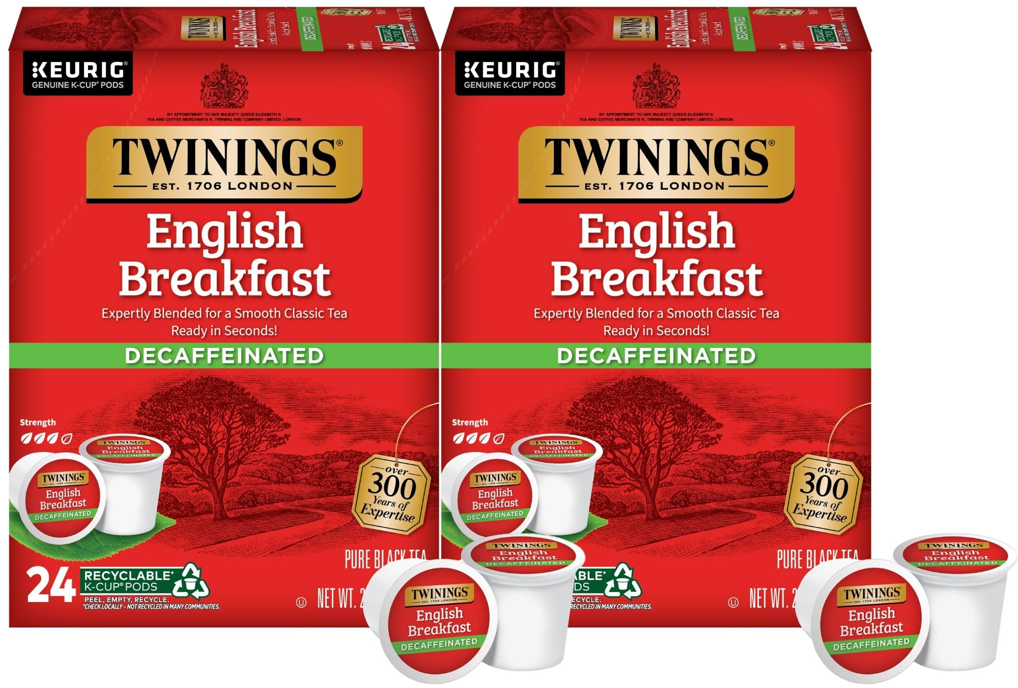 Twinings Decaf English Breakfast Tea K-Cup Pods for Keurig, Naturally Decaffeinated Black Tea, Smooth, Flavourful, Robust, 24 Count (Pack of 2), Enjoy Hot or Iced