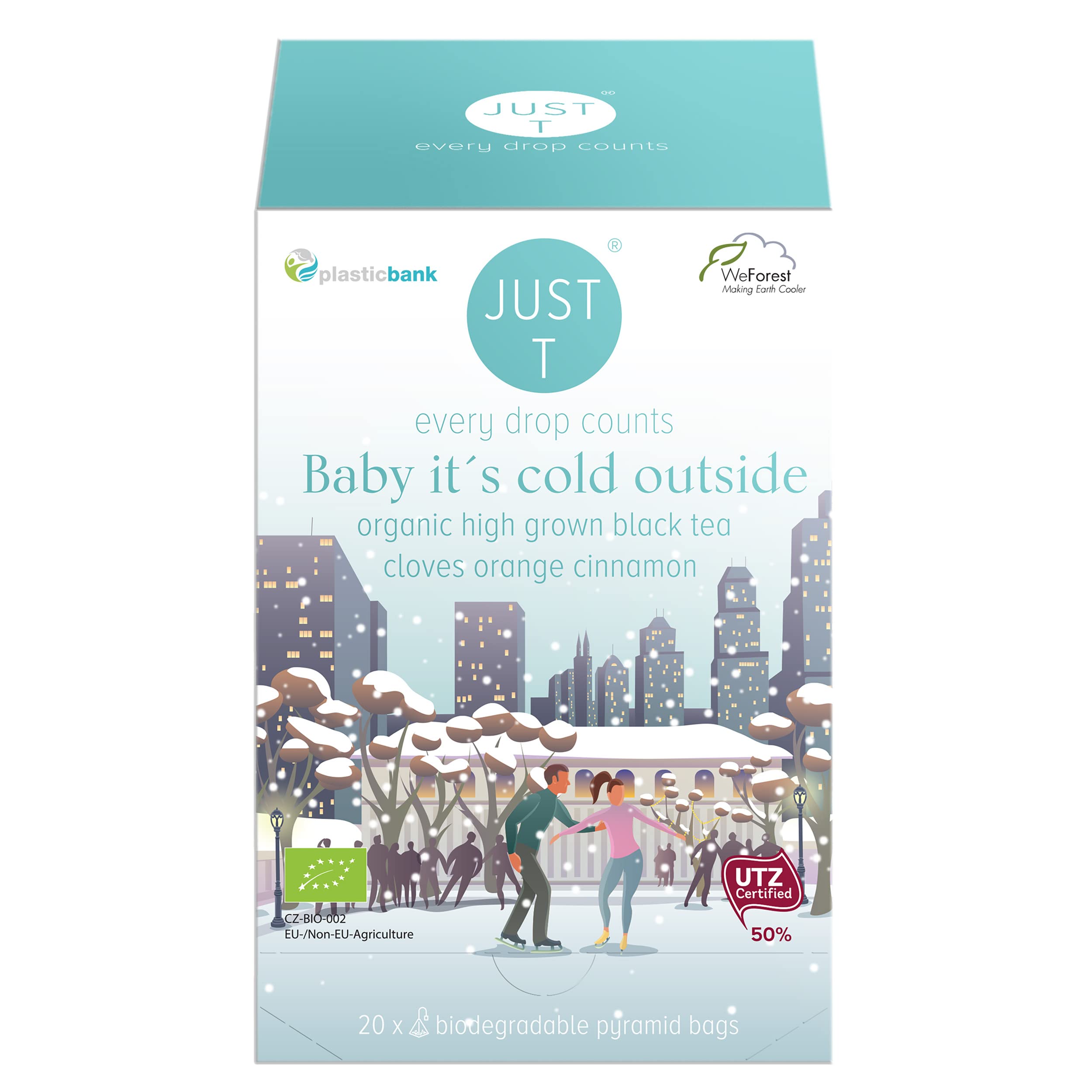 JUST T Baby It´s Cold Outside Pyramid Tea Bag (20 pcs) | Organic Black Tea – Mixed with Cloves, Orange and Cinnamon | Biodegradable Organic Tea Bags – Premium High-Grown Leaf Tea for All Tea Lovers