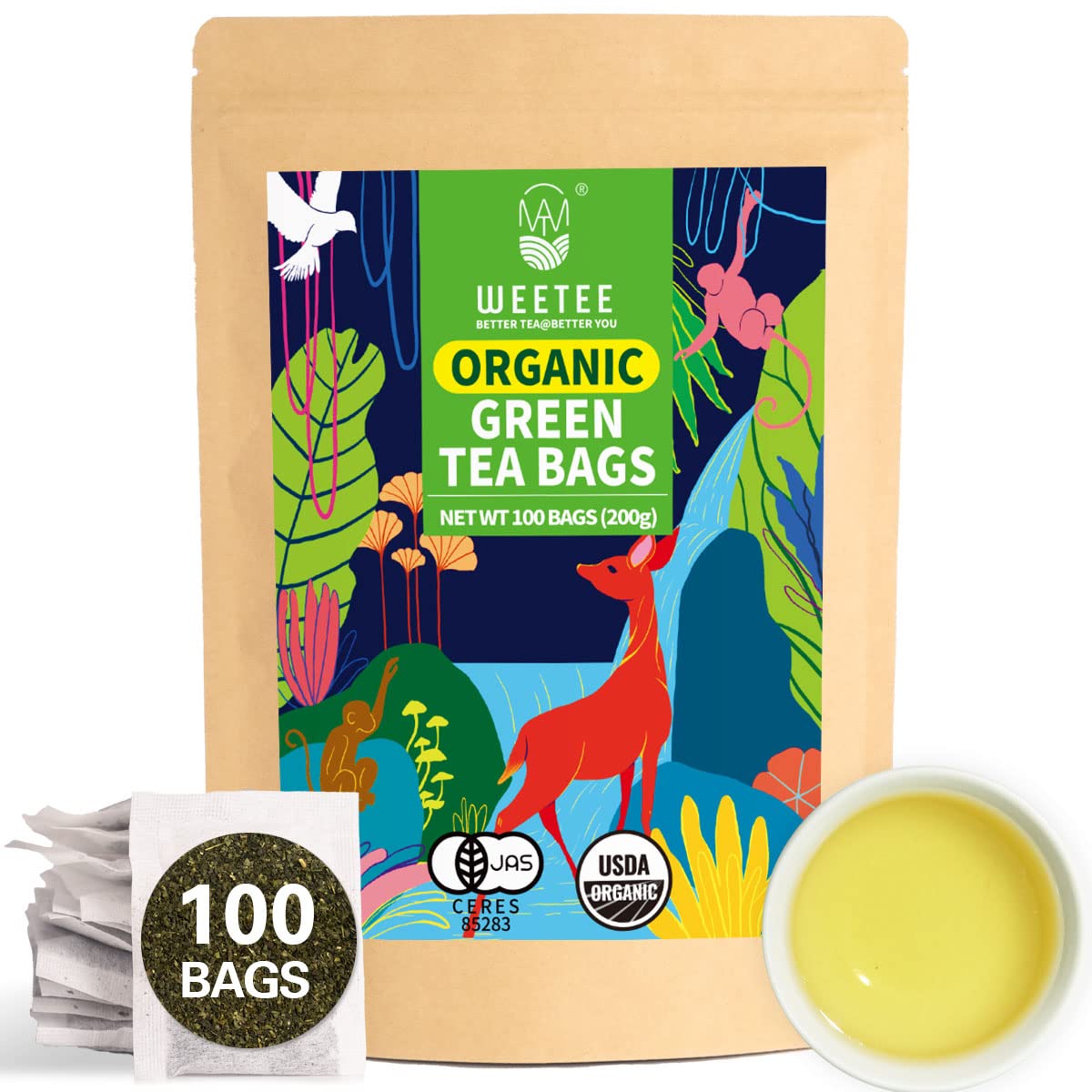 WT WEETEE Organic Green Tea Bags, USDA Organic Pure Green Tea 100 Count, Super Antioxidant | Resealable Kraft Bag | Brew Hot or Iced