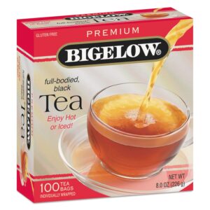 bigelow 100 count premium blend black tea, contains 100 individually wrapped tea bags, full caffeine