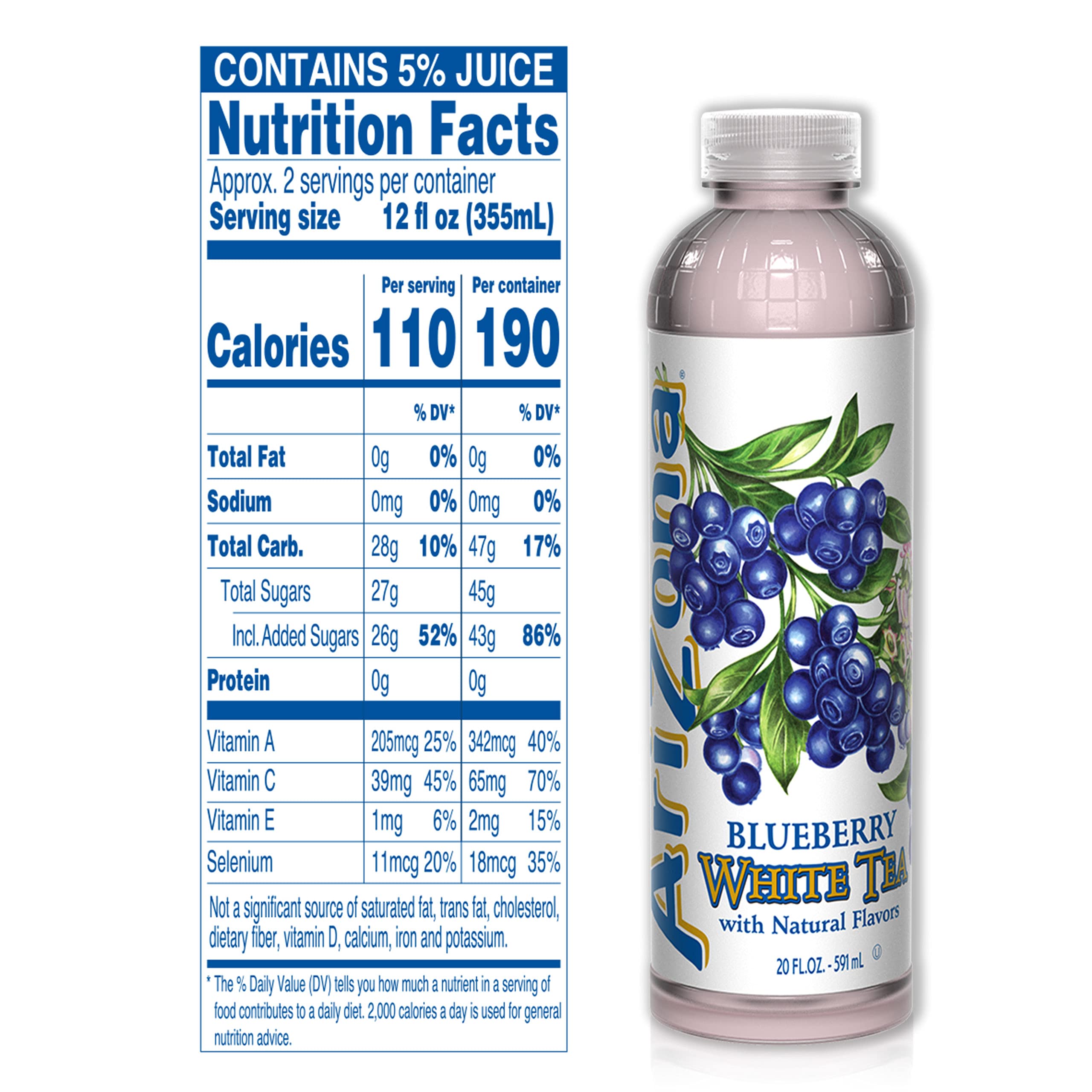 AriZona Premium Brewed Blueberry White, 20 Fl Oz, Pack of 24