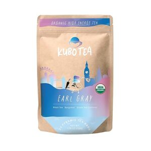 kubo tea, earl grey black tea, organic high caffeine blend, 20 servings (155mg caffeine each), pyramid tea bags, compostable & biodegradable packaging, healthy coffee substitute