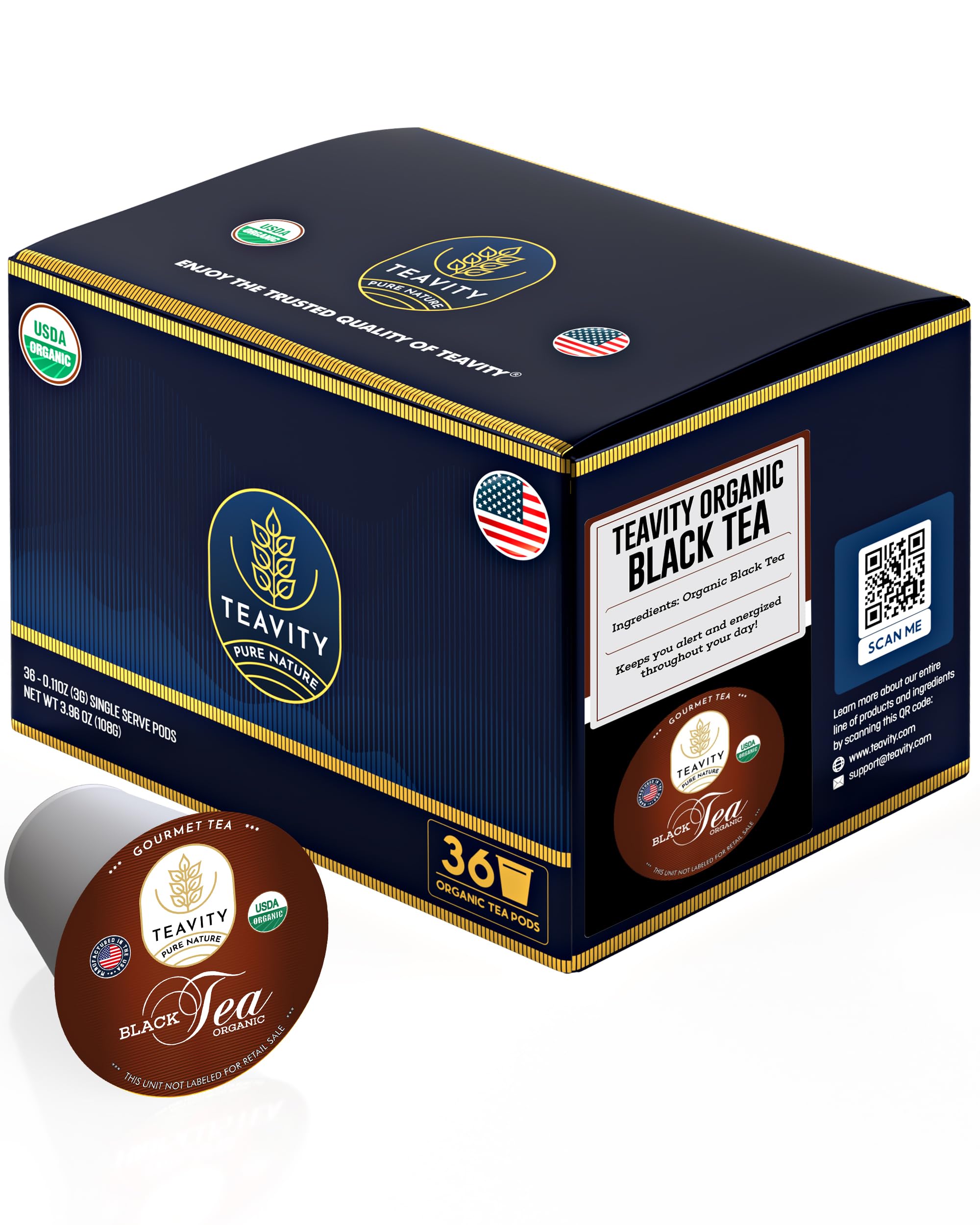 Organic Black Tea Pods for Keurig - Naturally Caffeinated Tea for KCup - Premium Unsweetened Black Tea for Hot Tea Brewing or Iced Tea by Teavity (36 Tea Pods)