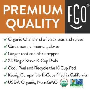 Organic Chai Black Tea K-Cup Pods, 24 Pods by FGO - Keurig Compatible - Naturally Occurring Caffeine, Premium Black Tea is USDA Organic, Non-GMO, & Recyclable