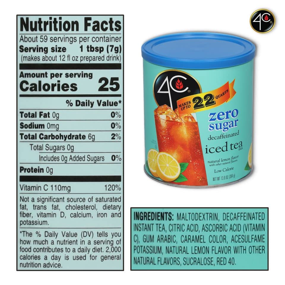 4C Light Powdered Drink Mix Cannisters, Zero Sugar Decaffeinated Iced Tea, 22 Quarts, Family Sized Cannister, Low Calorie, Thirst Quenching Flavors (Light Decaf Iced Tea, 13.9 Ounce (Pack of 2))