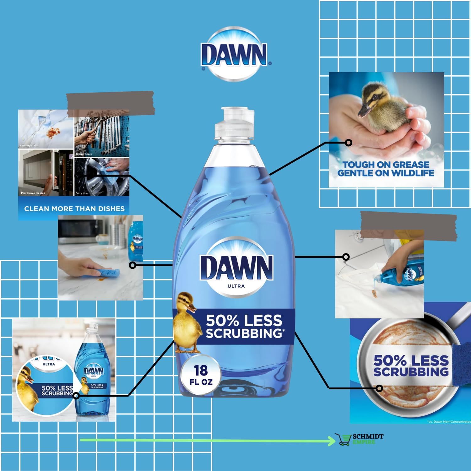 Ultra Dawn Liquid Dishwashing Soap (original scent 18 fl oz) includes SchmiidtEmpire Sticker + Cleaning Sponge (Pack of 3)