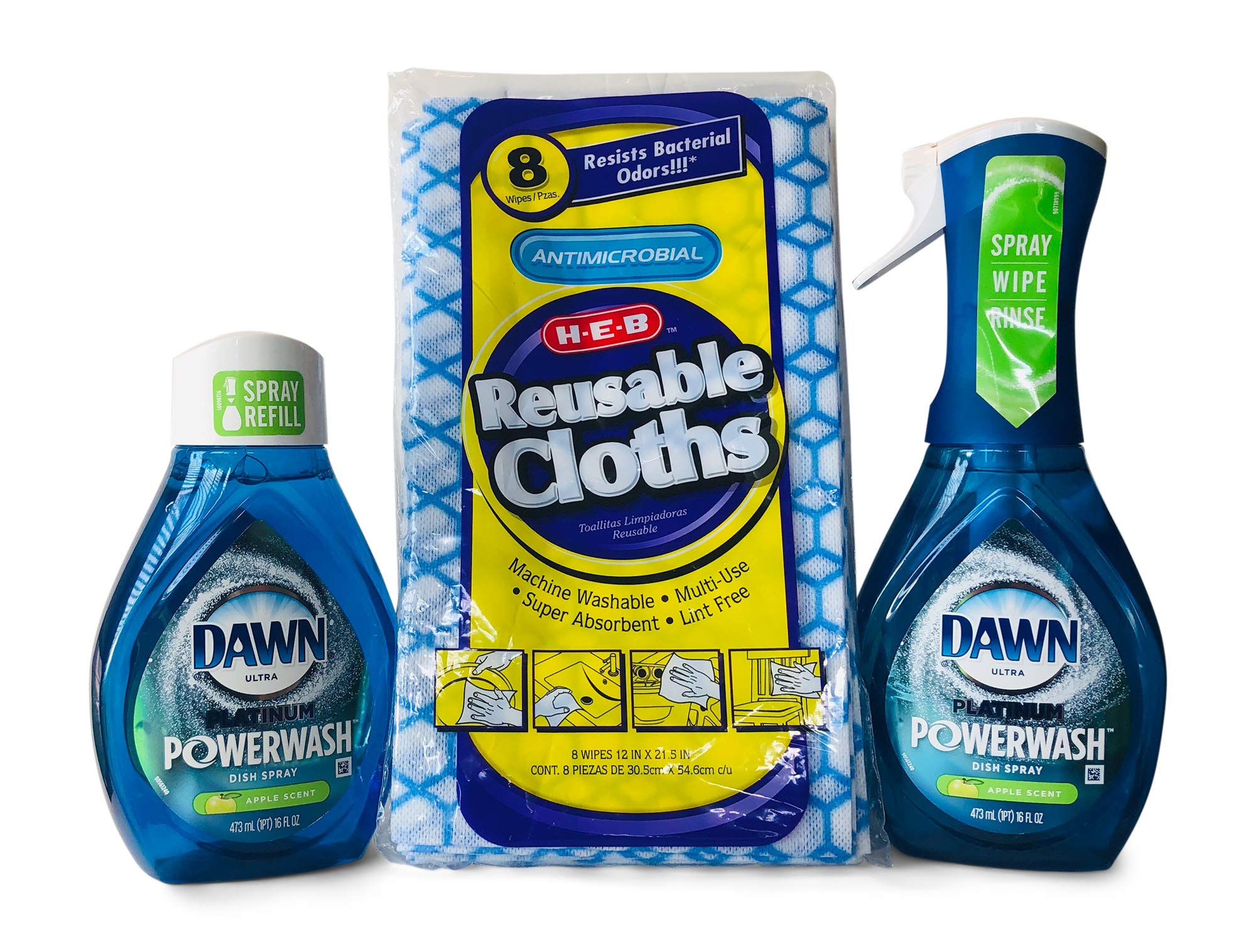 Dawn POWERWASH Apple Scent Bundle: 1 Starter (16oz) + 1 Refill (16oz) + 8 HEB Reusable Cloths