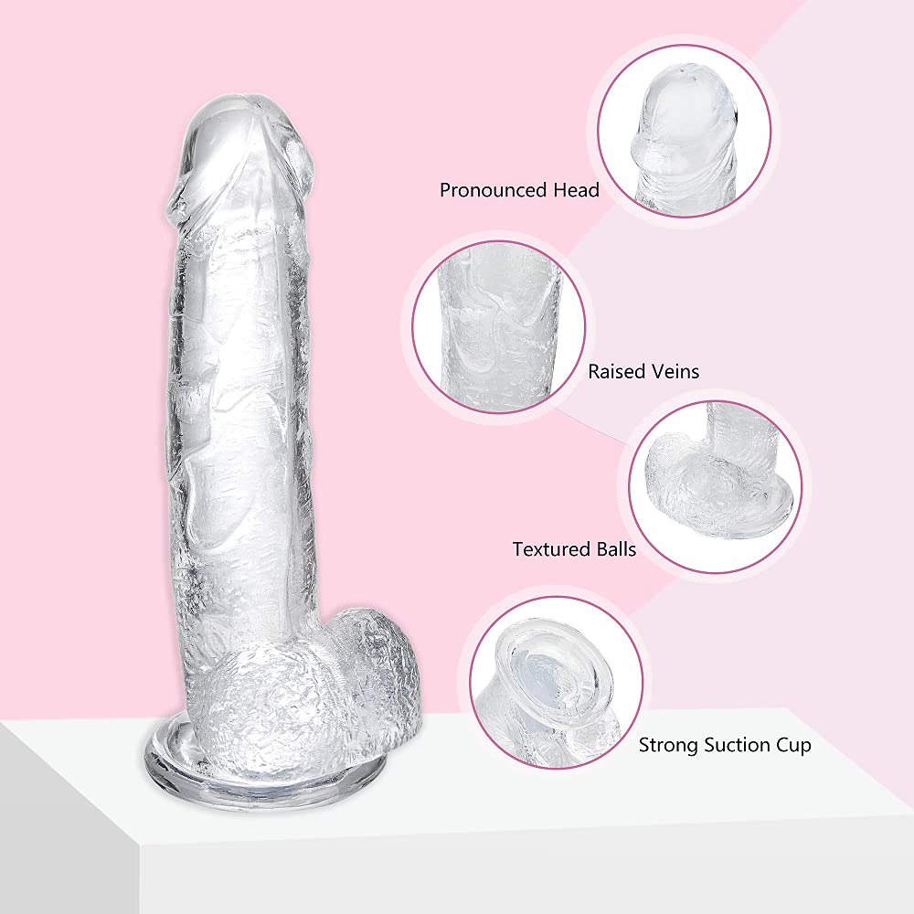 Long Thin Dildo Realistic Dildo Stimulator- Big Dildos with Suction Cup Adult Sex Toy for Women/Men/Gay, Flexible Clear with Curved Shaft & Balls for Vaginal G-Spot &Anal