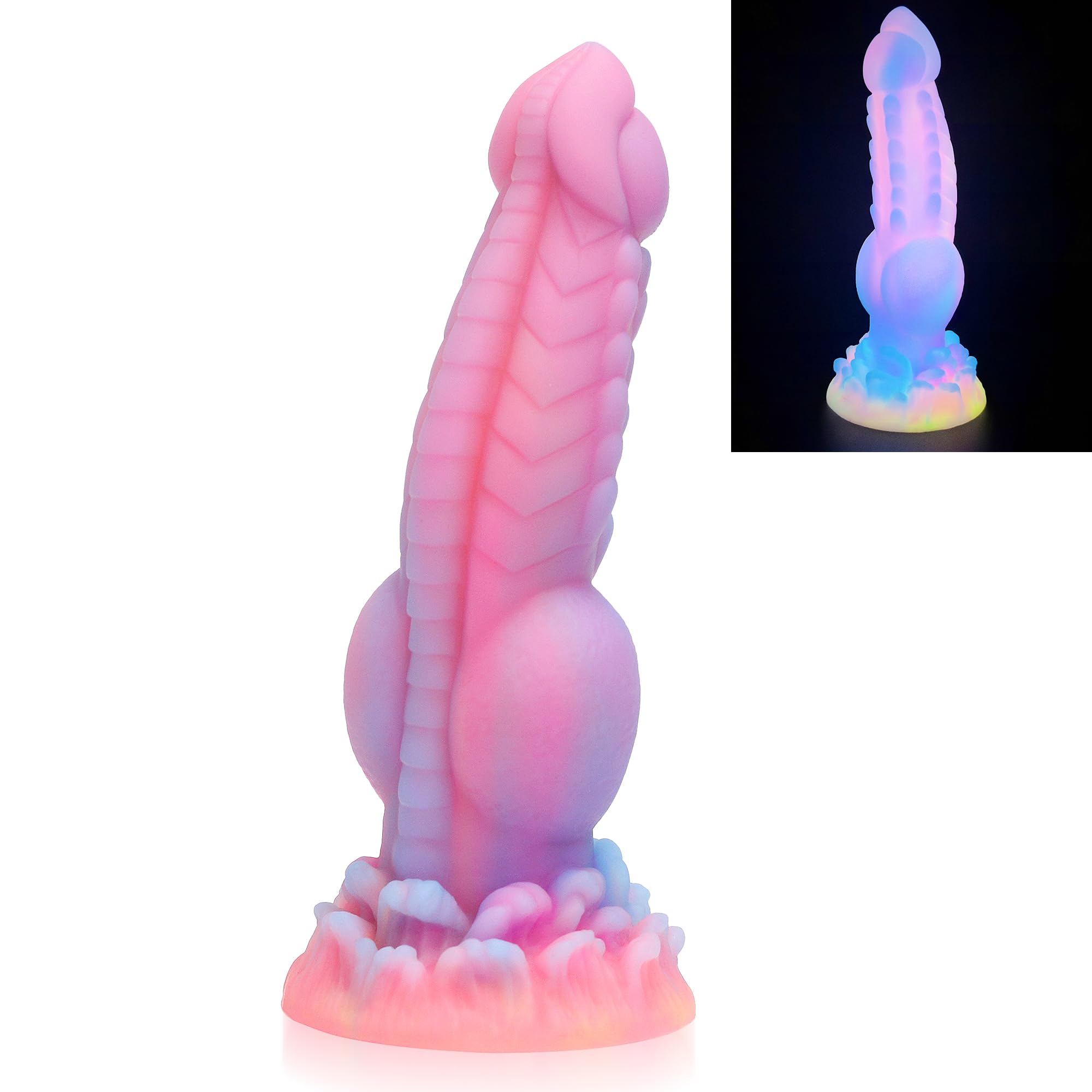 Realistic Dog Dildo, 8.5inch Fantasy Monster Dildos with Knot Luminous Silicone Thick Pink Dildo Anal Toy with Suction Cup for Women Men Couple Strap on Play