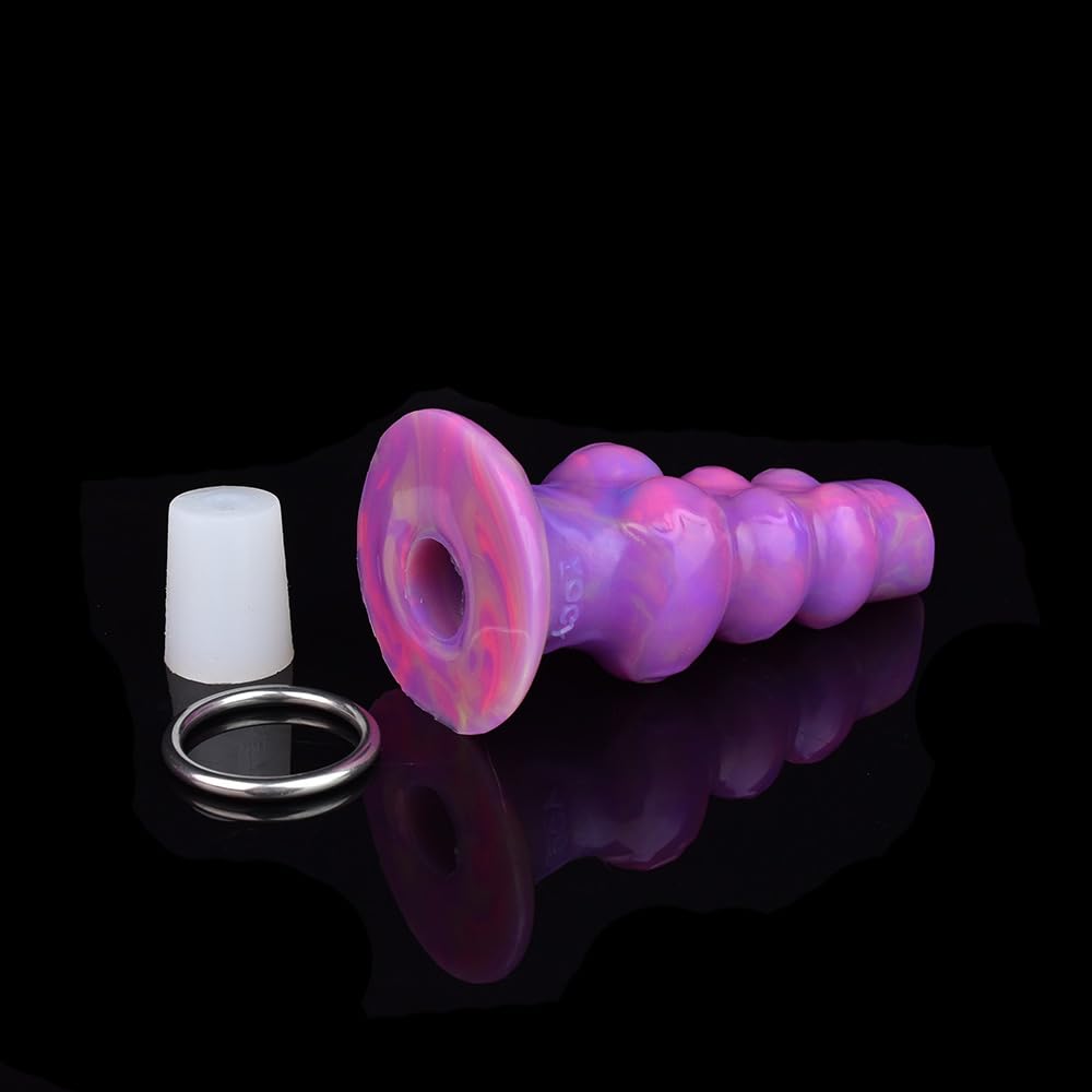 Fantasy Ovipositor Dildo Hollow Tunnel with 5 Eggs Adult Sex Toy for Women, Couples, 6.89'' Knotted Luminous Dildo Anal Sex Toys - Purple Inflatable Pump