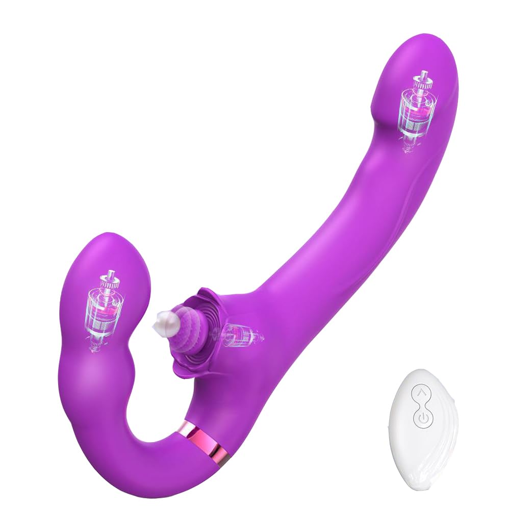 Female G-spot Vibrator, Strapless Dildo Vibrator, Triple Motorized Strap-on 25 Vibration Patterns and Remote Control, Adult Anal Sex Toys for Lesbian Couples (Purple)