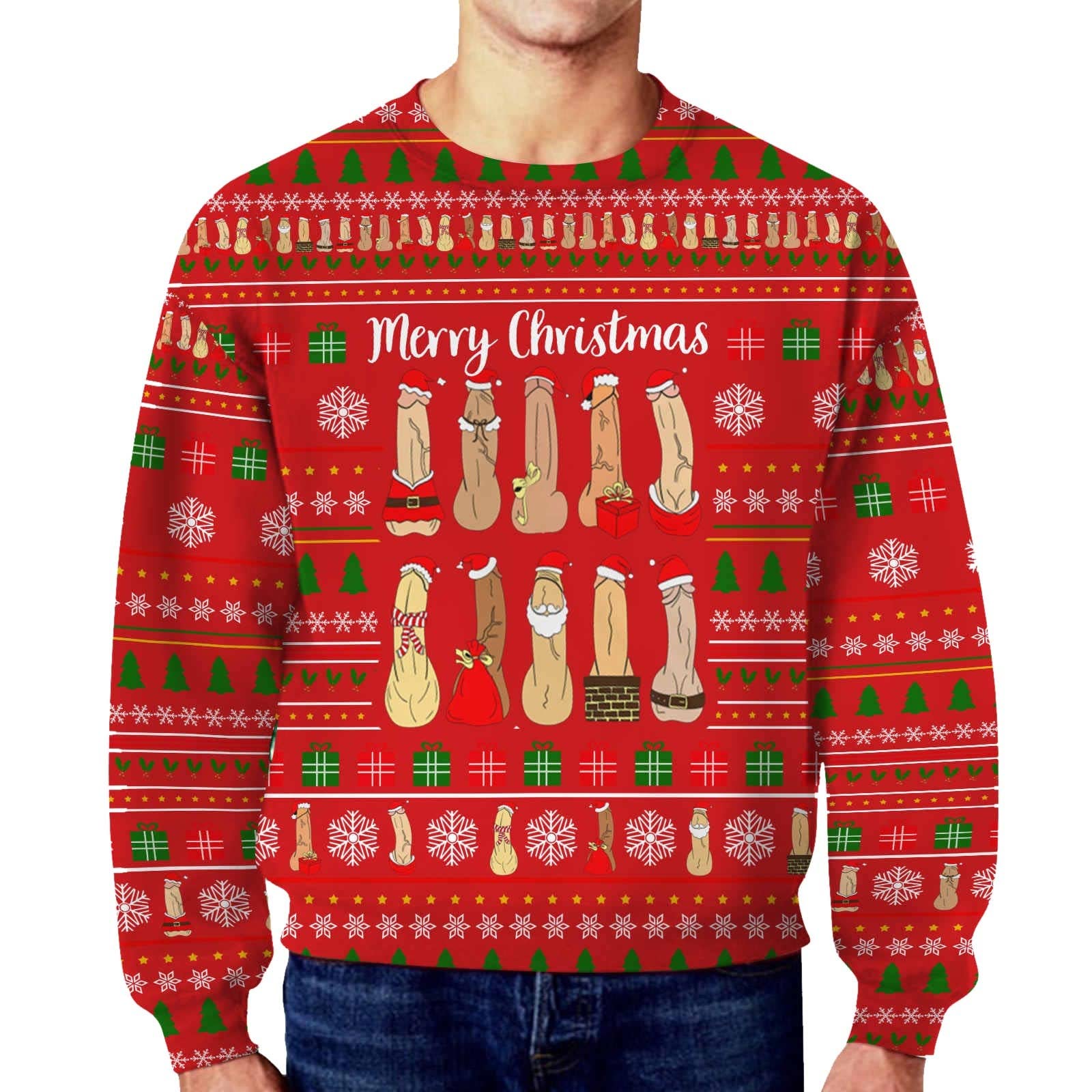 Mens Christmas Ugly Sweaters Funny Dirty Dildos Secret Casual Round Neck Sweatshirts 3D Graphic Long Sleeve Pullover Red