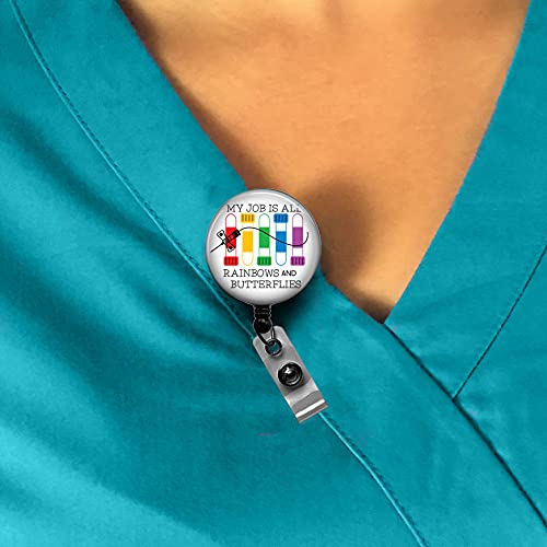 My Job is All Rainbows and Butterflies Badge Reel, Phlebotomist Humor Badge Reel, Cute Phlebotomy Tech Blood Draw Retractable ID Badge Holder