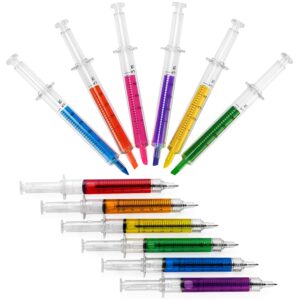 hutou 6 syringe ballpoint pens + 6 syringe highlighters, syringe pen multi color novelty pen for student school supplies(12 pack)