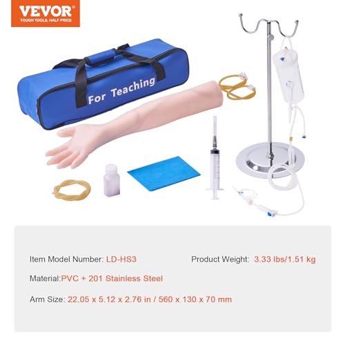 VEVOR Intravenous Practice Arm Kit Made of PVC Latex Material Phlebotomy Arm with Infusion Stand Practice Arm for Phlebotomy with a Storage Handbag IV Practice Arm Kit for Venipuncture Practice