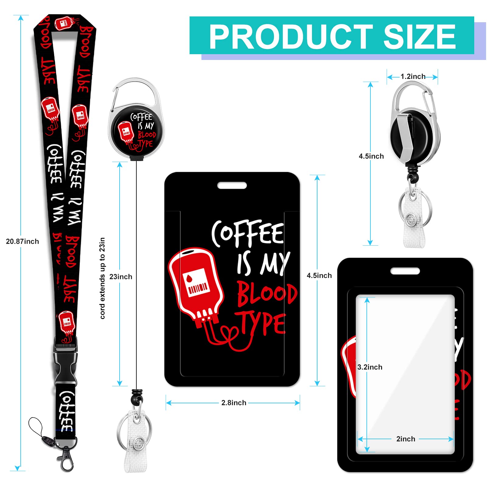 Plifal ID Badge Holder with Lanyard and Retractable Nurse Badge Reel Belt Clip, Phlebotomy Phlebotomist Nursing Medical Keychain Lanyards Clip for Women Men(Coffee is My Blood Type)