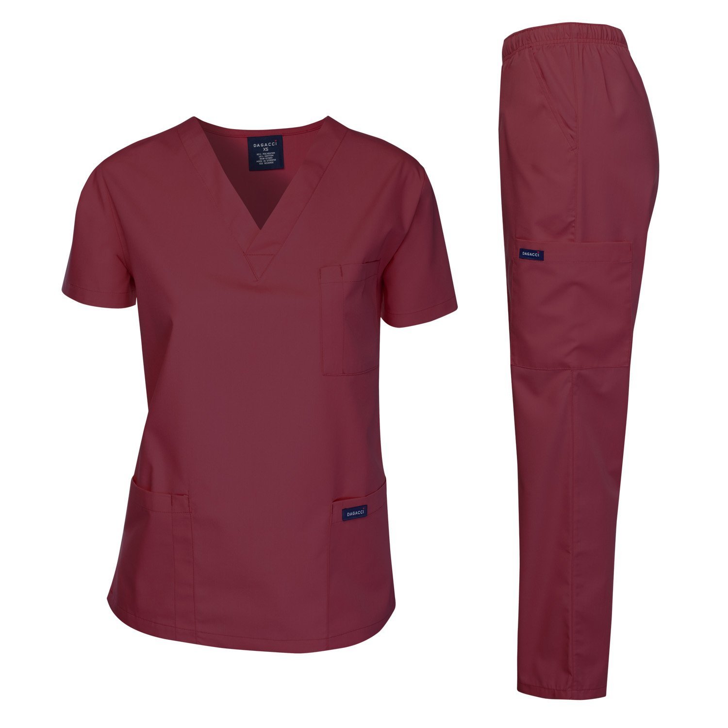 Dagacci Medical Uniform Woman and Man Scrub Set Unisex Medical Scrub Top and Pant, Burgundy, L
