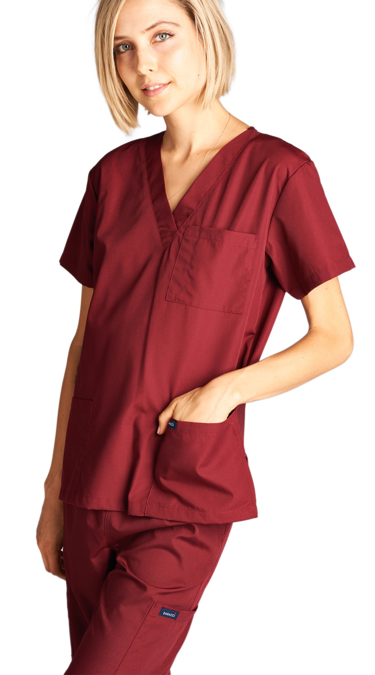 Dagacci Medical Uniform Woman and Man Scrub Set Unisex Medical Scrub Top and Pant, Burgundy, L