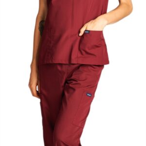 Dagacci Medical Uniform Woman and Man Scrub Set Unisex Medical Scrub Top and Pant, Burgundy, L