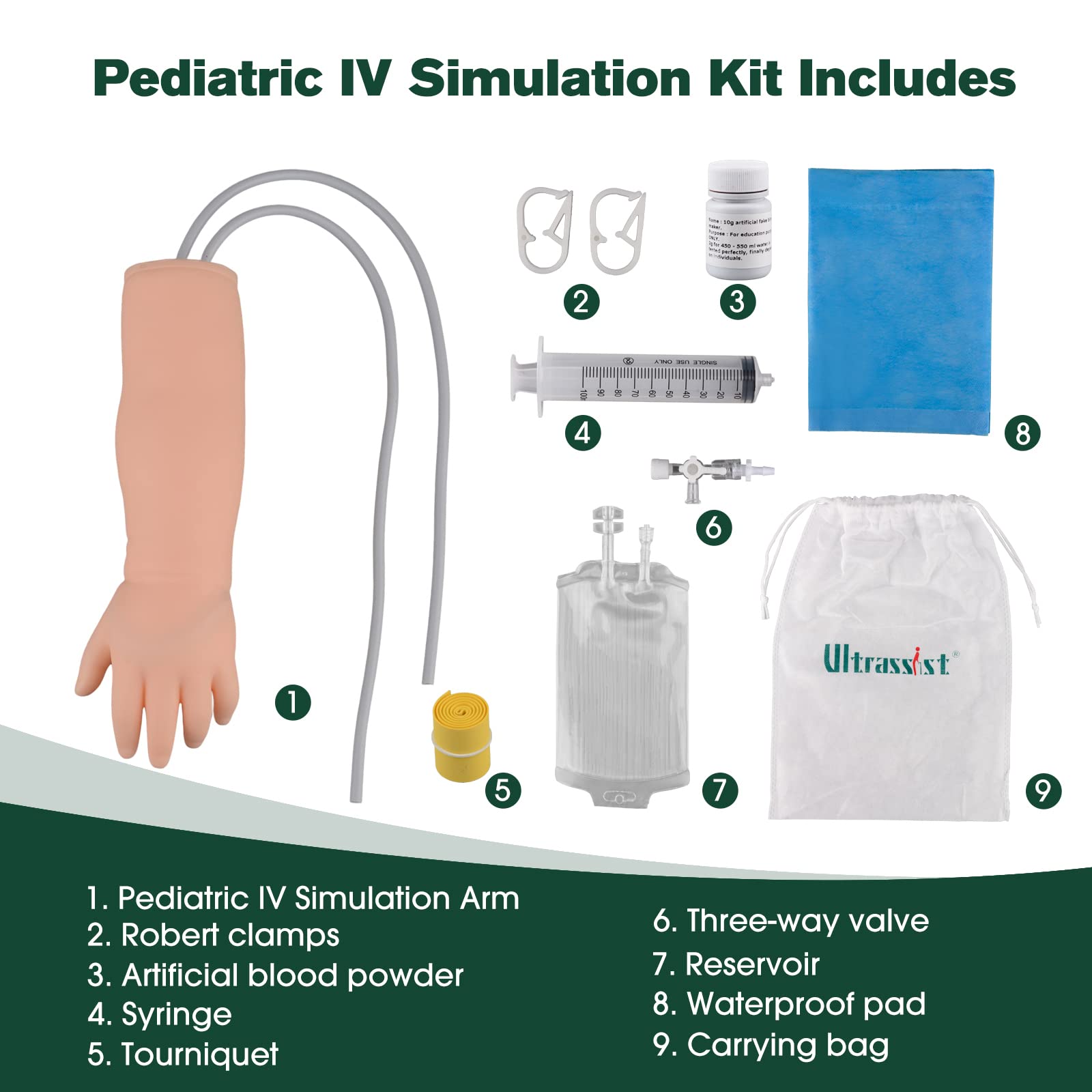 Ultrassist Pediatric IV Simulation Arm Kit, Pediatric IV and Phlebotomy Practice Kit for IV Training, Venipuncture Skills, Injection Practice, Clinical Nursing Training