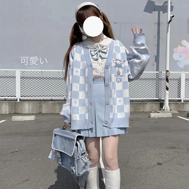 Kawaii Sweater Anime Blue Plaid Cardigan Sweaters for Women Cosplay Costume V Neck Long Sleeve Women's Button Knitted Outerwear JK Uniform M