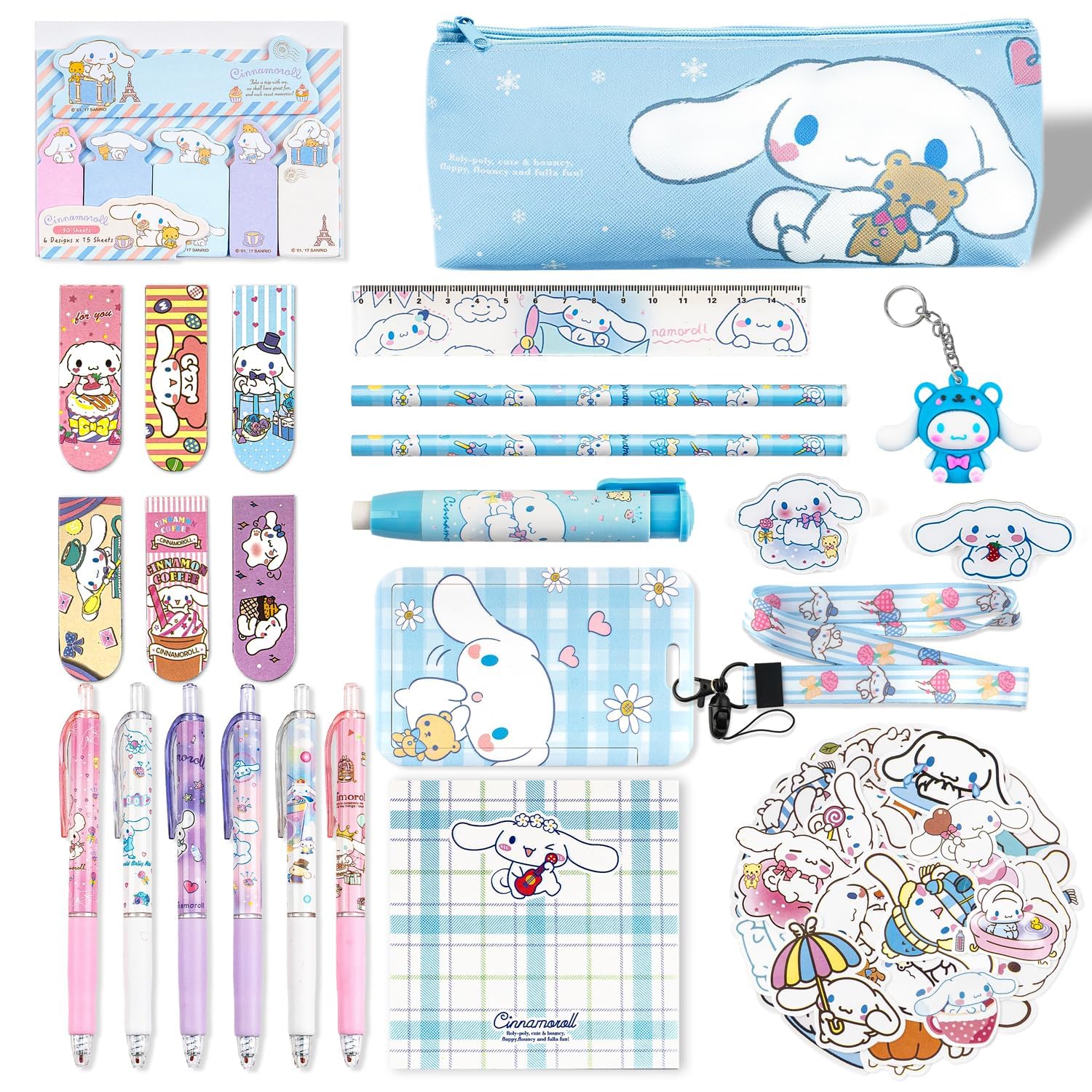 Lobsgous Cinnamoroll School Supplies Set, Cute Cinnamoroll Stationary Set, Kawaii School Supplies - Includes Pencil Case Ballpoint Pen Eraser Ruler ID Badge Holder Stickers Key Chain for Girls Teens