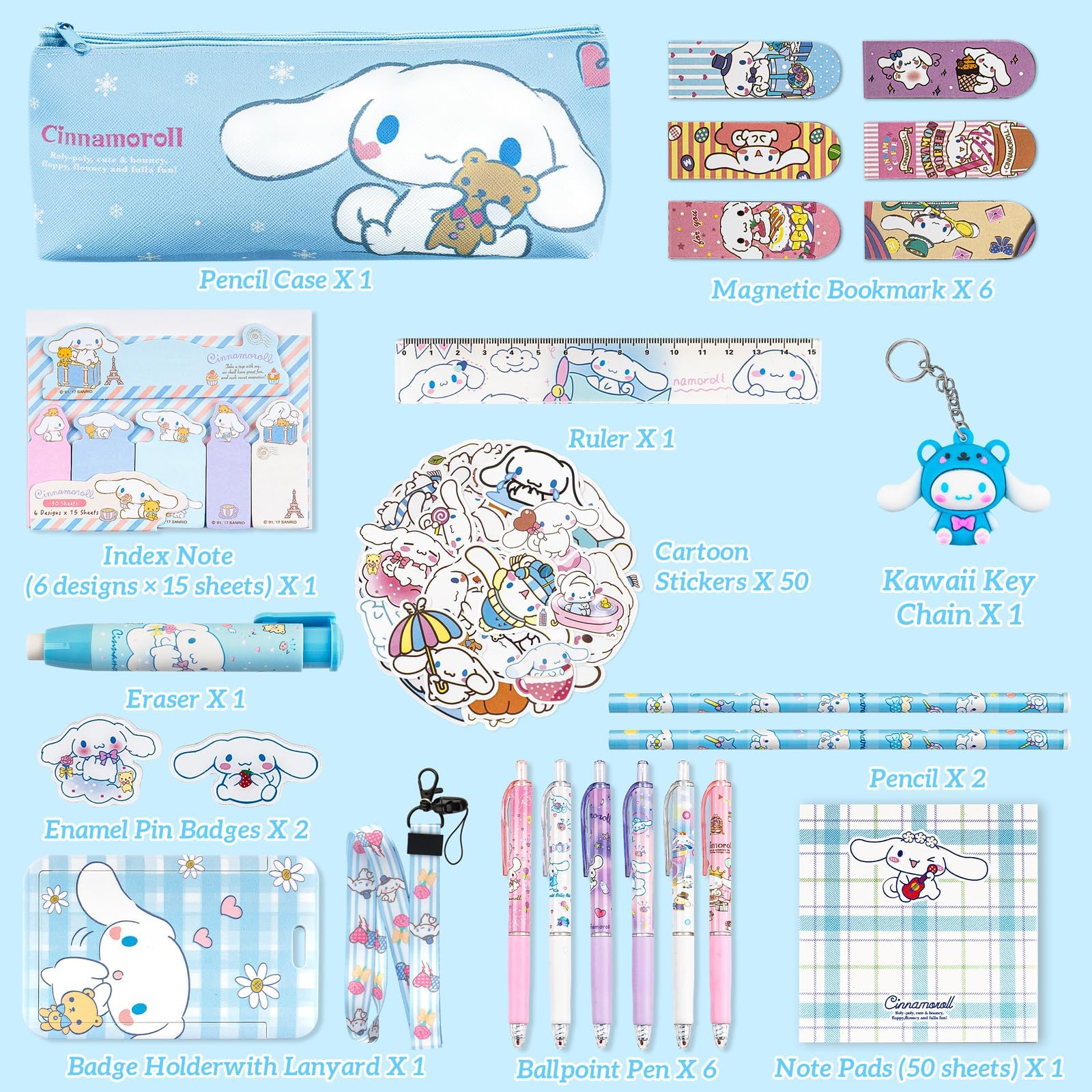 Lobsgous Cinnamoroll School Supplies Set, Cute Cinnamoroll Stationary Set, Kawaii School Supplies - Includes Pencil Case Ballpoint Pen Eraser Ruler ID Badge Holder Stickers Key Chain for Girls Teens