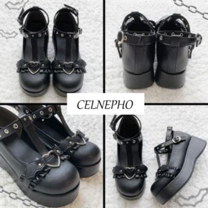 CELNEPHO Womens Mary Jane Shoes for Women, Sweet Bow Round Toe Ankle T-Strap Lolita Goth Platform Dress Pumps Shoes Oxfords B-Black