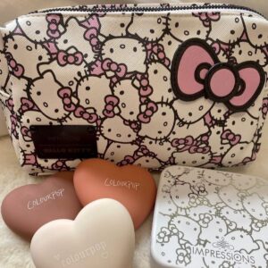 Impressions Vanity Hello Kitty Cosmetic Pouch with Waterproof Faux Leather, Zippered Bag For Travel Size Toiletries, Makeup Bag Organizer With Inside Pocket With Extra Slip Pocket (White/Pink)